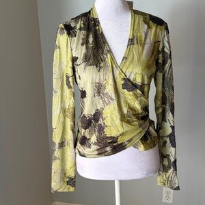 [GEORGIOU] Metallic Green Floral Faux Wrap Blouse - Size Medium NWT